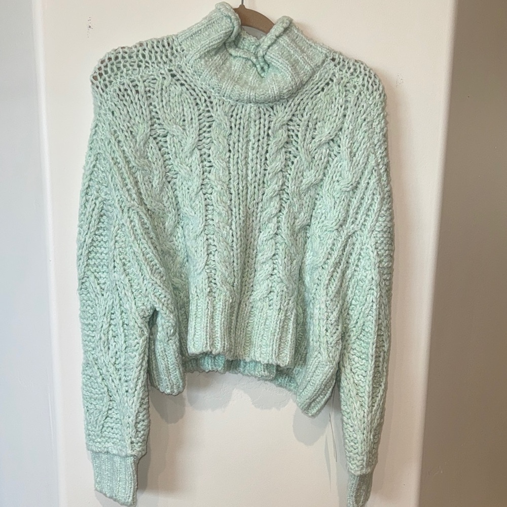 Anthropologie Light Green Cable Knit Turtleneck Sweater